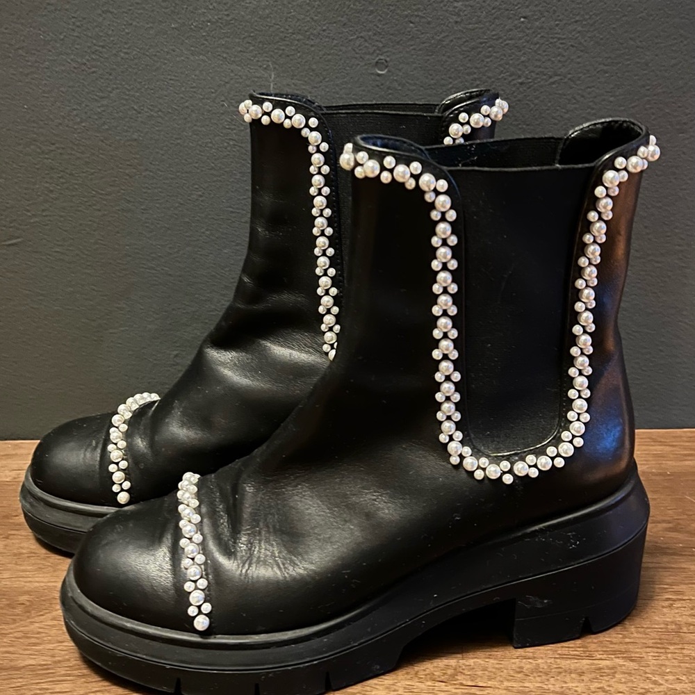Black Leather Stuart Weitzman Norah DemiPearl Embellished Boots